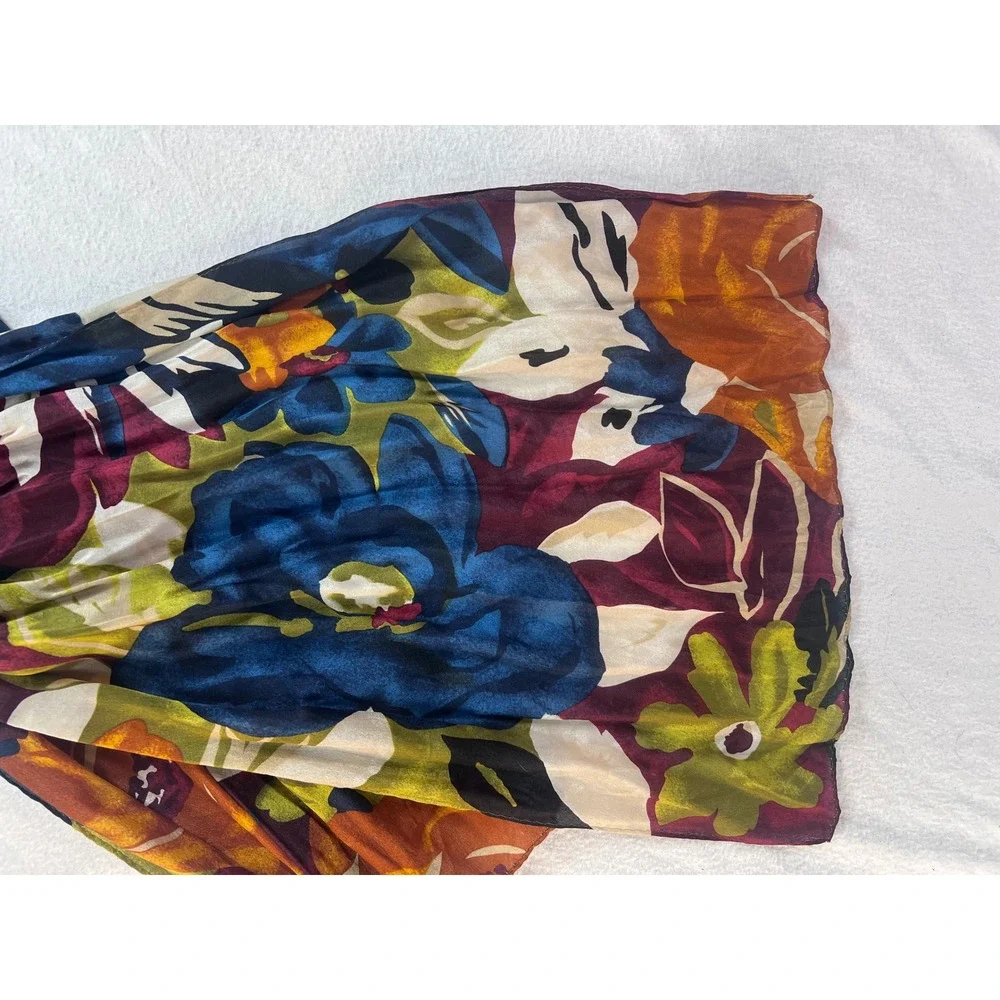 Vintage Floral Silk Feel Scarf Multi Color Oversized Botanical Print Rectangle